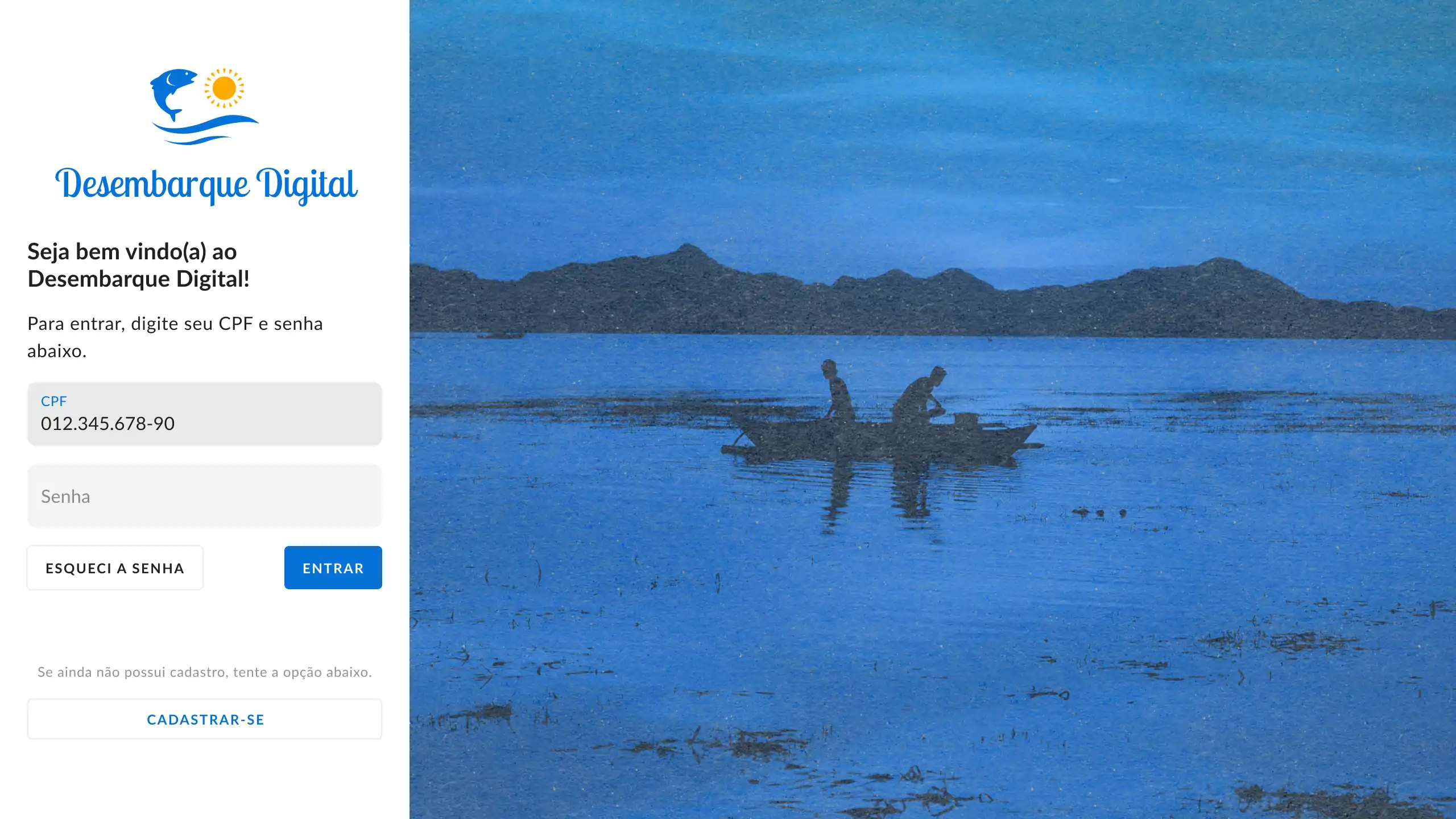 Tela de login para desktop, utilizando o logo do Desembarque Digital (um peixe pulando da água com o sol ao lado), campo de usuário e senha. Ao lado, para preencher espaço, uma foto estilizada em azul de duas pessoas na canoa pescando.